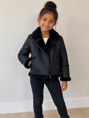 Primark Black Faux Shearling Jacket with Pink Heart Label 8-9 Years